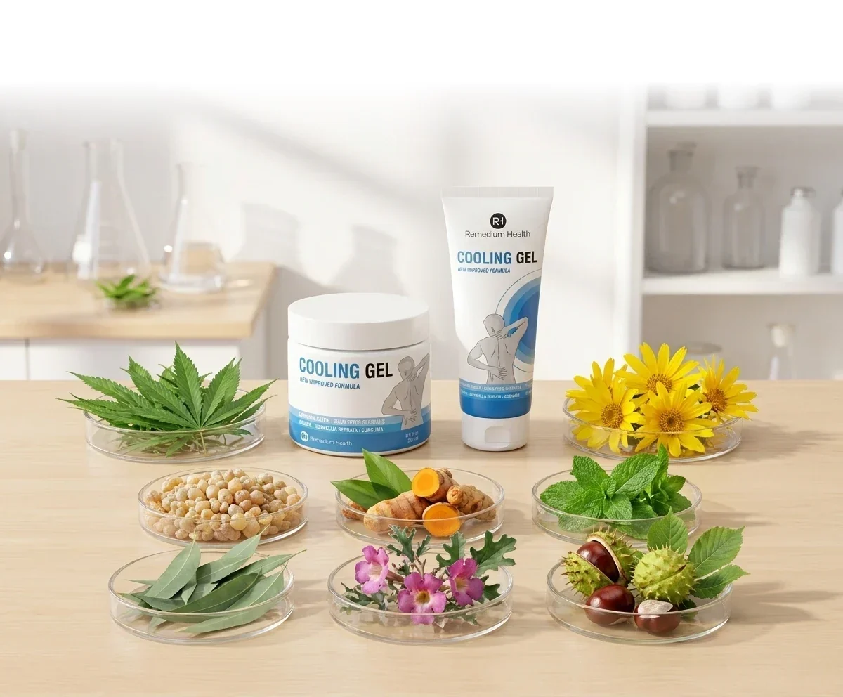Натурални съставки на Remedium Health Cooling Gel - Арника, Канабис, Босвелия, Куркума, Евкалипт, Мента, Дяволски нокът, Конски кестен