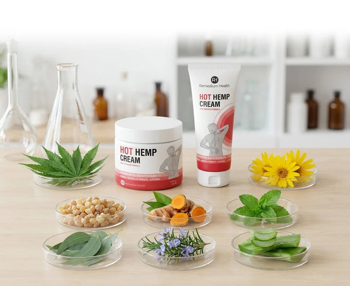 Натурални съставки на Remedium Health Hot Hemp Cream - конопено масло, босвелия, куркума, арника, розмарин, алое вера, мента, евкалипт