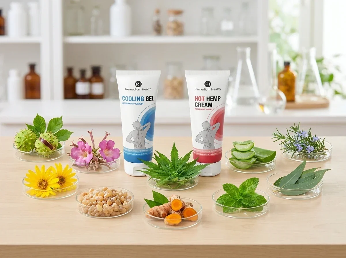 Натуралните съставки на Remedium Health Cooling Gel и Hot Hemp Cream - конски кестен, дяволски нокът, арника, босвелия, конопено масло, куркума, мента, евкалипт, розмарин и алое вера