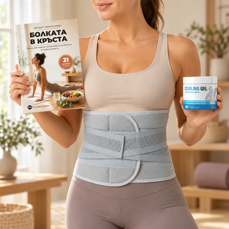 Книгата „Методът 7 минути срещу болката в кръста“, охлаждащият гел Remedium Health 250&nbsp;мл и коланът за кръст